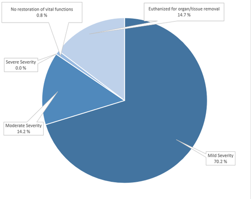 Pie chart: Mild Severity 70,2 %, Moderate Severity 14 %, Severe Severity 0,0 %, No restoration of vital functions 1 %, Killes for organs and/or tissue removal 14,7 %